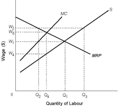 <strong> FIGURE 14- 2 Refer to Figure 14- 2. Suppose the labour market is in a monopsonistic equilibrium. If a minimum wage is then imposed at W5, the effect would be to</strong> A) increase employment only. B) decrease wages but employment would remain the same. C) waste policy effort, as there would be no effect whatsoever in the labour market. D) increase wages and maintain employment but create a pool of unemployed workers. E) increase wages and create a shortage of workers.