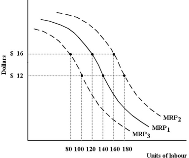 <strong>The diagram below shows the MRP curve for a firm producing high school math textbooks. The factor of production being considered here is hours of labour. FIGURE 13- 2 Refer to Figure 13- 2. Suppose this profit- maximizing firm is facing MRP1 and a wage rate of $12 per hour. Now suppose there is, simultaneously, an increase in demand for math textbooks (such that MRP shifts to MRP2), and an increase in the wage rate to $16 per hour. The firm should</strong> A) employ 20 fewer units of labour. B) employ 40 fewer units of labour C) employ the same number of units of labour. D) employ 20 more units of labour. E) employ 40 more units of labour.
