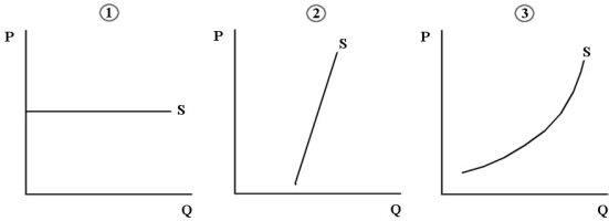 <strong>The three diagrams below each show a supply curve for oil tankers over a relatively short period of time. FIGURE 13- 3 Refer to Figure 13- 3. Consider the supply of oil tankers to an individual Canadian firm, the North American shipping industry, and the world shipping industry. Which diagram best shows the supply of oil tankers that is relevant to an individual Canadian firm?</strong> A) diagram 1 B) diagram 2 C) diagram 3 D) diagrams 2 or 3 E) diagrams 1 or 2