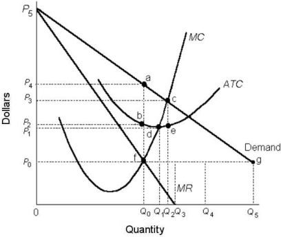 <strong>Suppose a monopolist faces the demand curve and cost curves shown below.   FIGURE 10- 4 Refer to Figure 10- 4. If the monopolist is practicing perfect price discrimination and is maximizing its profits, the total revenue is represented by the area</strong> A) 0P2bQ0. B) 0P5cQ2. C) 0P3cQ2. D) 0P4aQ0. E) 0P1dQ1. <div style=padding-top: 35px> 