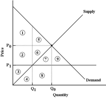 FIGURE 5-6 -Refer to Figure 5-6.The market for good X is in equilibrium at P<sub>0</sub> and Q<sub>0</sub>.Economic surplus is represented by