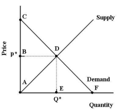 FIGURE 6-6 -Refer to Figure 6-6.Suppose the market price is p*.In this case,the total value consumers place on consuming Q* units is outlined by the area
