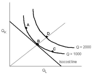   FIGURE 8-4 -Refer to Figure 8-4.The firm is initially producing 1000 units and minimizing its production cost at point B.Suppose the prices of capital and labour each fall by 20%.If the firm wishes to continue producing the same level of output it will