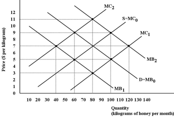 The diagram below shows the supply and demand diagrams for the competitive market for honey in one region.MC<sub>0</sub> represents private marginal cost and MB<sub>0</sub> represents private marginal benefit. FIGURE 16-3 -Refer to Figure 16-3.Assume there are two types of firms in this region - beekeepers that produce honey and orchard keepers that produce peaches.The bees provide a benefit to the orchard keepers by pollinating their peach trees.We can say that there is a ________ externality in the production of honey.The curve ________ represents the ________ marginal benefit of honey.