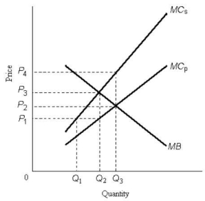 The figure below shows the marginal benefit to consumers,MB,the marginal cost to private firms,MC<sub>P</sub>,and the marginal cost to society,MC<sub>S</sub>,at each level of output of some good. FIGURE 17-1 -Refer to Figure 17-1.The price that would occur in a competitive market in the absence of government intervention is