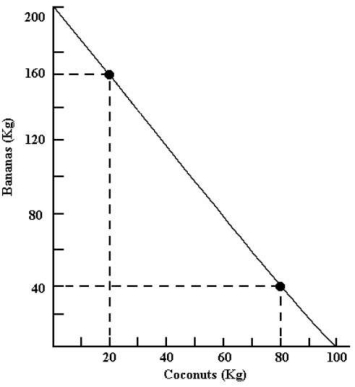 The diagram below shows Robinson Crusoe's annual production possibilities boundary for the production of bananas and coconuts. FIGURE 32-3 -Refer to Figure 32-3.Starting from point A and moving to point B,Robinson Crusoe's opportunity cost of producing each additional kilogram of coconuts is