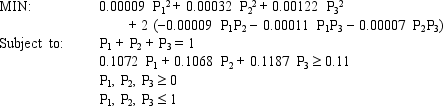 An investor is developing a portfolio of stocks. She has identified 3 stocks in which to invest. She wants to earn at least 11% return but with minimum risk. Let: P<sub>i </sub> = proportion of total funds invested in i, i = A, B, C The NLP for this problem is: What formulas should go in cells G4:J14 of the spreadsheet for this problem? NOTE: Formulas are not required in all of these cells.