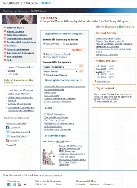 -The accompanying figure shows the THOMAS Web site, which provides full access to bills that are before the ____________________.