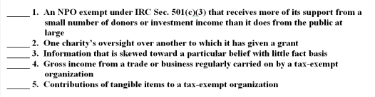 The following are key terms in Chapter 15 that relate to regulatory and taxation issues of not-for-profit organizations: A.Unrelated business income B.Public charity C.Gifts in kind D.Lobbying E.Debt financed income F.Private foundation G.Expenditure responsibility H.Propaganda For each of the following definitions,indicate the key term from the list above that best matches by placing the appropriate letter in the blank space next to the definition