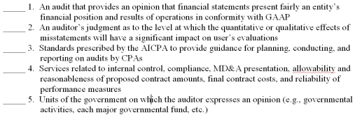 The following are key terms in Chapter 12 that relate to auditing of governmental and not-for-profit organizations: A.Attestation engagement B.Generally accepted auditing standards (GAAS) C.Opinion units D.Materiality E.Financial audit F.Generally accepted government auditing standards (GAGAS) G.Nonaudit work H.Performance audits For each of the following definitions,indicate the key term from the list above that best matches by placing the appropriate letter in the blank space next to the definition.