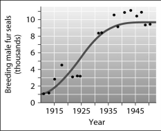 <strong>According to this graph of the population growth of fur seals,in what year did the population first reach its carrying capacity? </strong> A)1950 B)1940 C)1930 D)1925