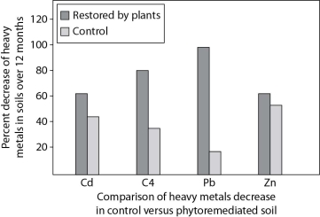 Plants are sometimes used for phytoremediation in areas where the soil has been contaminated with heavy metals. Suppose the Acme Remediation Company is proposing to remediate a contaminated area that you wish to restore. Acme presents you with the following data as evidence of their company's ability to remediate soil. -What likely caused the loss of metals in the control soil?