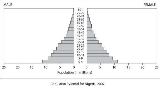 After reading the paragraph below, answer the questions that follow. You are a member of an African family that has been displaced from their home by civil war, so you are trying to select a new country in which to settle to gain better economic opportunities. You know that Nigeria is a large country with rich natural resources, so you are considering it for your new home. Among the data you find while researching Nigeria is the following diagram of the current age structure of the country. -Which of the following statements about the age structure of Nigeria is false?