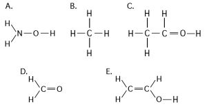 <strong> Which of the structures illustrated above is an impossible covalently bonded molecule?</strong> A) A B) B C) C D) D E) E