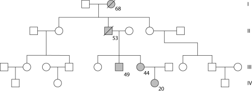 Use the following pedigree (Figure 14.3) for a family in which dark-shaded symbols represent individuals with one of the two major types of colon cancer. Numbers under the symbols are the individual's age at the time of diagnosis. Figure 14.3 -What is the genotype of the deceased individual in generation II?
