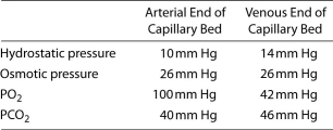 <strong>Blood entering a capillary bed of an unusual vertebrate was measured for the pressures exerted by various factors, as shown in Figure 42.1. Figure 42.1 For this unusual capillary bed,</strong> A) the pH is lower on the arterial side than on the venous side. B) oxygen is taken up by the erythrocytes within the capillaries. C) the osmotic pressure remains constant due to carbon dioxide compensation. D) the hydrostatic pressure declines from the arterial side to the venous side because oxygen is lost. E) fluids will leave the capillaries on the arterial side of the bed and re-enter on the venous side.
