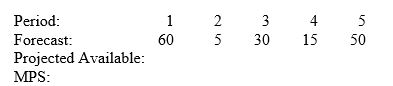 <strong>Consider the following partial MPS record. Beginning inventory is 80 units. When should the first MPS shipment be scheduled? </strong> A) period 1 B) period 2 C) period 3 D) period 4 E) period 5