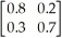 The vector of state probabilities for period n is (0.4, 0.6).The accompanying matrix of transition probabilities is: Calculate the vector of state probabilities for period n + 1.