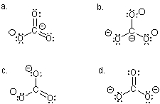 <strong>Which Lewis structure BEST describes the carbonate ion? </strong> A) a B) b C) c D) d
