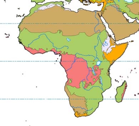 <strong>In the map below, green represents </strong> A)subtropical scrub and woodland. B)desert. C)rain forest. D)grassland.