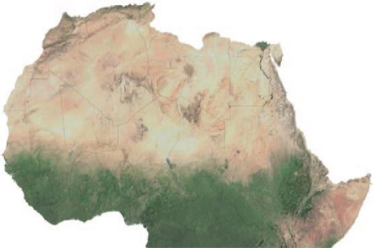 <strong>The semiarid area shown in the figure below, between the green and the tan areas is known as the </strong> A)Mojave. B)Outback. C)Sahel. D)Sonoran.
