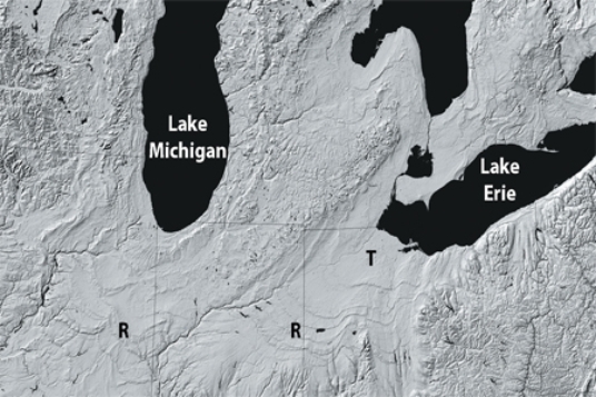 <strong>What is the origin of smooth troughs (T on this figure)cutting across the landscape in the Great Lakes area? </strong> A)The areas were covered by soft marine sediments. B)A huge flood coming from Iowa flowed toward the Great Lakes. C)Glaciers carved the smooth troughs. D)All of these.
