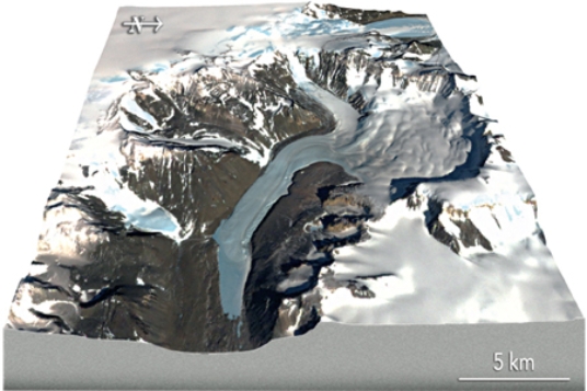 What type of glacier is shown in the center of this image?  
