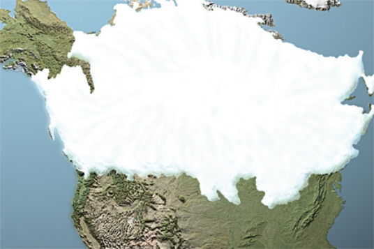 <strong>In the map below, the two ice sheets shown are called the </strong> A)Cordilleran in the west and Laurentide in the east. B)Laurentide in the west and Cordilleran in the east. C)Yukon in the west and Aftonian in the east. D)Sangamon in the west and Icelandic in the east.