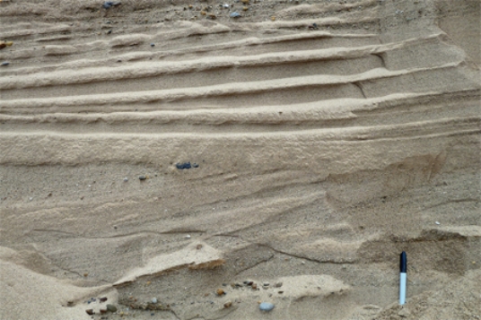 <strong>The main reason that the deposits shown here are sorted and stratified is that the glacier that dropped them was </strong> A)moving very slowly. B)accompanied by running meltwater. C)moving through very soft, erodible bedrock. D)moving through very flat terrain.