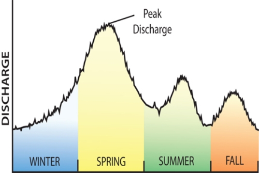 <strong>On this graph of discharge versus season for a river in the Rocky Mountains, why is the highest runoff likely to be in the spring? </strong> A)Winter snow melts in the spring. B)The Rocky Mountains have many tornadoes during the spring. C)The Rocky Mountains experience hurricanes in the spring. D)All of these.