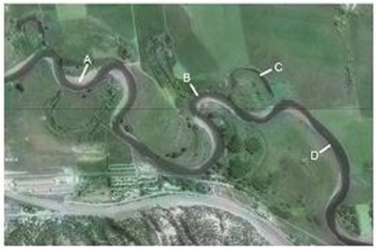 <strong>Which of the features on this aerial photograph is an oxbow lake? </strong> A)A B)B C)C D)D