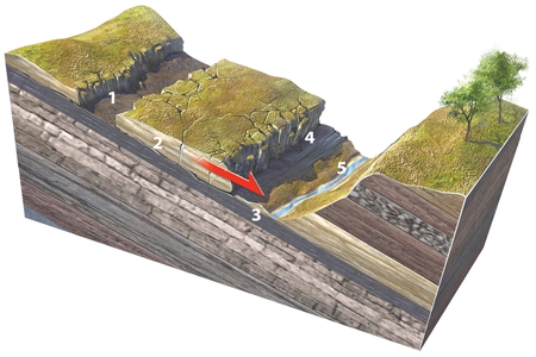 <strong>Which numbered feature on this figure is critical to enable a rock slide to start?  </strong> A)1, a linear or curved scar marking where the slide pulled away from the hill B)2, small fractures within the sliding block C)3, layers, fractures, or some other discontinuity inclined downslope D)4, the front of the slide, where it overruns the land surface E)5, a valley or other open space in front of the slide <div style=padding-top: 35px> 