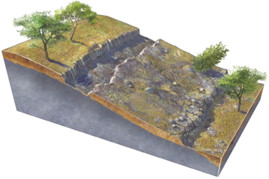 <strong>What type of slope failure is shown in this figure?  </strong> A)rotational slide B)creep C)debris slide D)debris flow E)rock fall <div style=padding-top: 35px> 