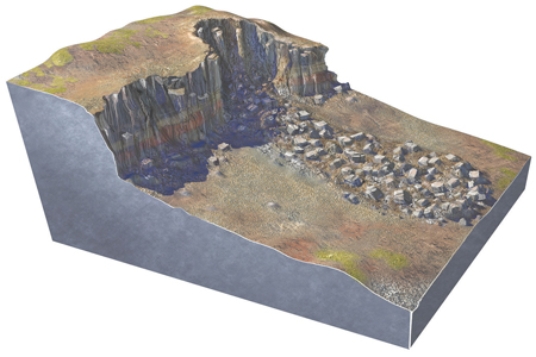 <strong>What type of slope failure is shown in this figure?  </strong> A)rotational slide B)creep C)earth flow D)debris flow E)rock avalanche <div style=padding-top: 35px> 