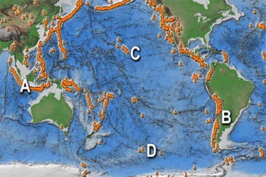 Which of the following sites has volcanoes related to subduction? A is on an island arc, B is in the Andes, C is near Hawaii, D is along a mid-ocean ridge.