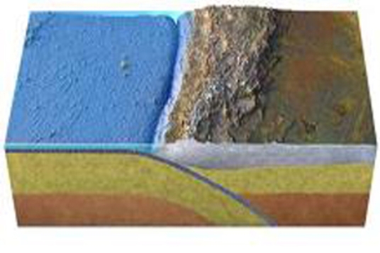 <strong>This figure depicts what type of boundary? </strong> A)oceanic divergent boundary B)ocean-ocean convergent boundary C)ocean-continent convergent boundary D)transform boundary E)continental collision