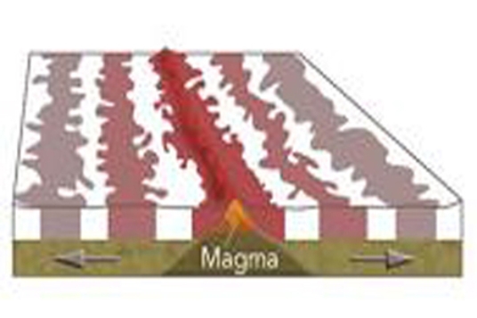 <strong>What causes magnetic stripes on the seafloor, such as those shown here? </strong> A)Volcanic rocks in oceanic crust are covered by a variable thickness of sediment. B)Some oceanic crust consists of volcanic rocks and some is composed of sediment. C)Sometimes Earth's magnetic field points north and sometimes it points south. D)Some volcanic rocks are formed in normal ways and others have pillows.