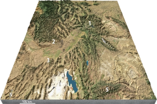 <strong>Which feature is interpreted to be in the Yellowstone region (1)? </strong> A)a continental collision B)a meteorite impact C)a continental hot spot D)a foreland basin