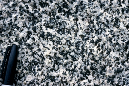 <strong>What texture is displayed by the igneous rock in this photograph? </strong> A)vesicles B)breccia C)porphyritic D)glassy E)None of these.