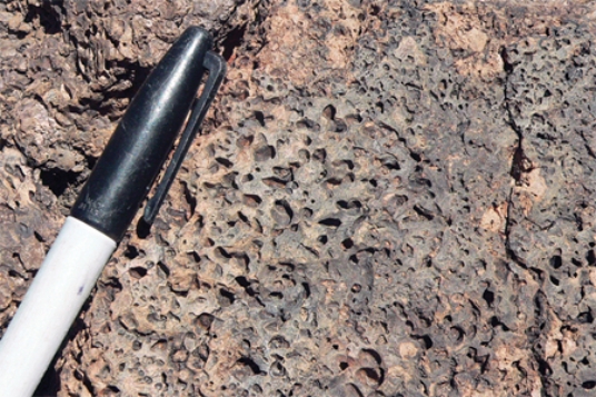 <strong>What does this texture indicate about the formation of this rock? </strong> A)It formed from an explosive pyroclastic eruption. B)The rock solidified at great depth. C)The magma formed some crystals before rising closer to the surface and solidifying. D)The magma had abundant dissolved gas.