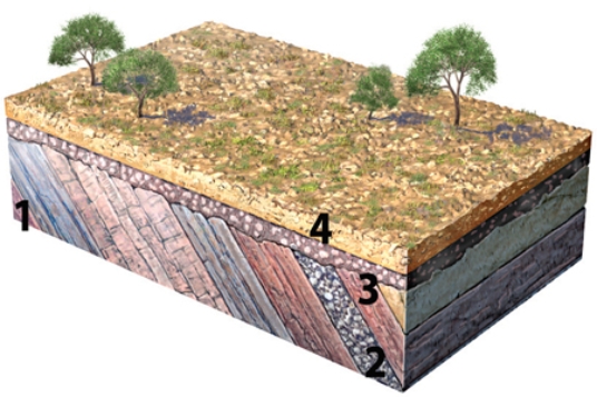 What type of feature is represented by the boundary between geologic units 2 and 3?