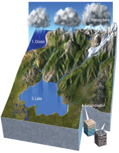 <strong>Which of these numbered features contains most of Earth's water? </strong> A) 1-oceans B) 2-atmosphere C) 3-glaciers and ice sheets D) 4-groundwater E) 5-lakes