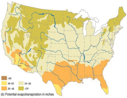 <strong>The map below depicts the annual amount of </strong> A) precipitation in inches. B) potential evapotranspiration in inches. C) humidity in percent. D) runoff in cubic meters.