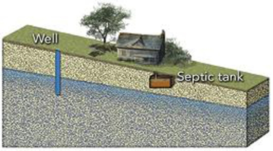 <strong>The septic tank in this figure will probably </strong> A) contaminate all the water in the well. B) contaminate the part of the well that is lower than the septic tank. C) contaminate the soil at the well but not the groundwater. D) not contaminate the well.