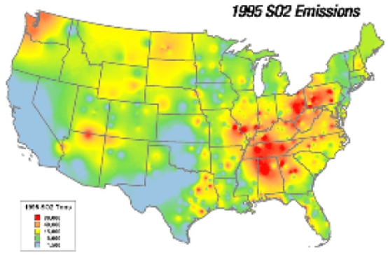 <strong>The SO<sub>2</sub> emissions displayed in this map derive mainly from the  </strong> A)automobile emissions from point sources. B)automobile emissions from non-point sources. C)burning of coal from point sources. D)burning of coal from non-point sources. <div style=padding-top: 35px> 