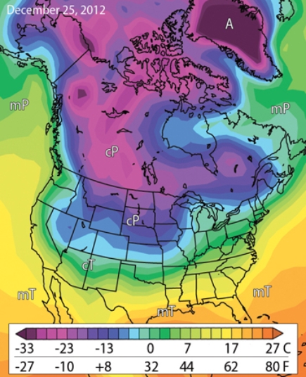 <strong>Which of the following air masses pictured here is typically unstable, with cold air overlying warm air? The westerlies often push this cool, damp wind of this air mass eastward.  </strong> A) cT B) cP C) mP D) mT <div style=padding-top: 35px> 