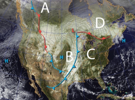 <strong>Find the largest front located north of the Great Lakes on the map.The likely air mass to the south of the this front is a _______ mass which is likely to be __________ than the air mass to the north.  </strong> A) mP; moister B) cP; drier C) cP; moister D) mT; moister <div style=padding-top: 35px> 