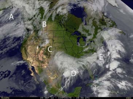 <strong>Which of the following locations would best represent a storm track characterized as bringing cold moist air to inland Canada?  </strong> A) A B) B C) C D) D E) E <div style=padding-top: 35px> 