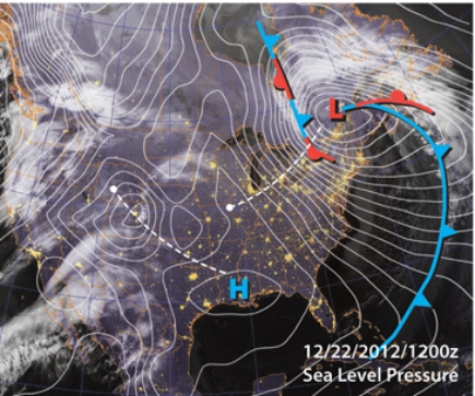 <strong>Which of the following best explains for the Mid-latitude cyclone tracking to the northeast and strengthening?  </strong> A) upper air accelerating and converging B) upper air slowing and diverging C) upper air accelerating and diverging D) surface level winds accelerating and diverging <div style=padding-top: 35px> 