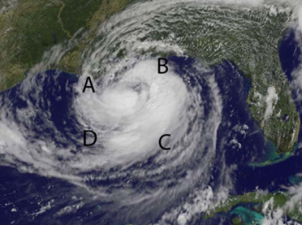<strong>Where will the storm surge be greatest for this cyclone or hurricane making land fall in Louisiana?  </strong> A) A B) B C) C D) D <div style=padding-top: 35px> 